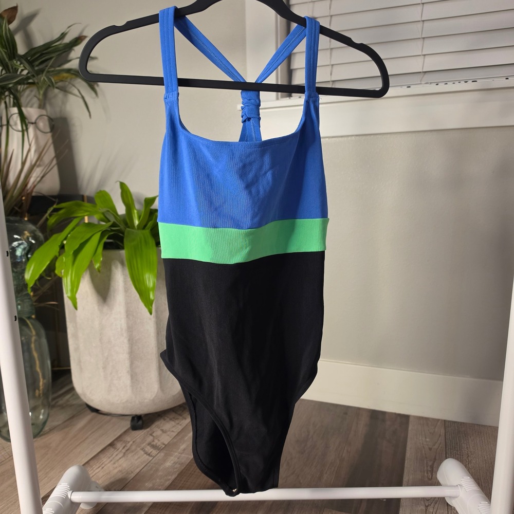 Vintage Basic Editions Colorblock One-Piece Swimsuit Blue Black Sz 16 NWOT